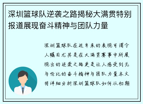 深圳篮球队逆袭之路揭秘大满贯特别报道展现奋斗精神与团队力量