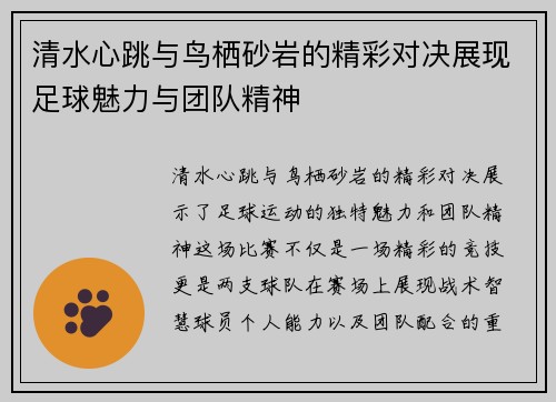 清水心跳与鸟栖砂岩的精彩对决展现足球魅力与团队精神